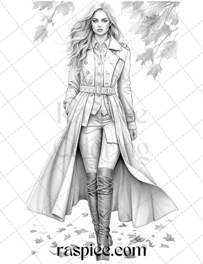 40 Fall Fashion Grayscale Coloring Pages for Adults, Printable PDF File Instant Download