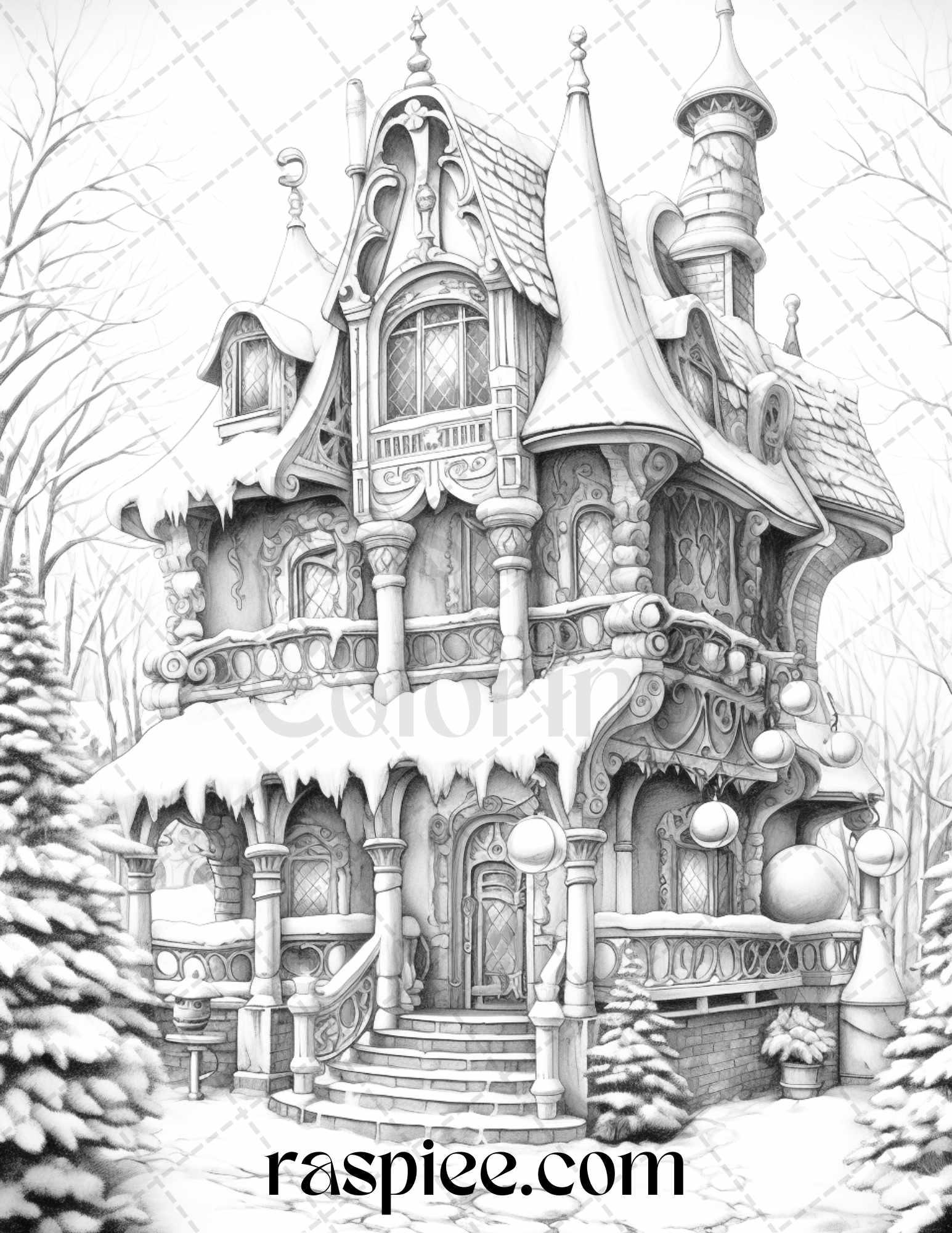 42 Fantasy Christmas Houses Grayscale Coloring Pages Printable for Adults, PDF File Instant Download