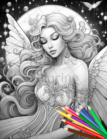 34 Beautiful Moon Fairies Grayscale Coloring Pages Printable for Adults, PDF File Instant Download