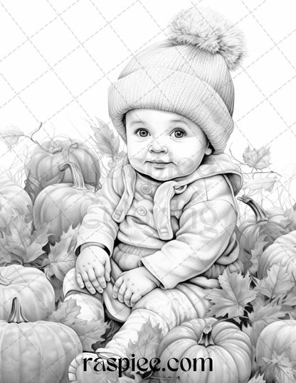 40 Pumpkin Babies Grayscale Coloring Pages for Adults and Kids, Printable PDF File Instant Download