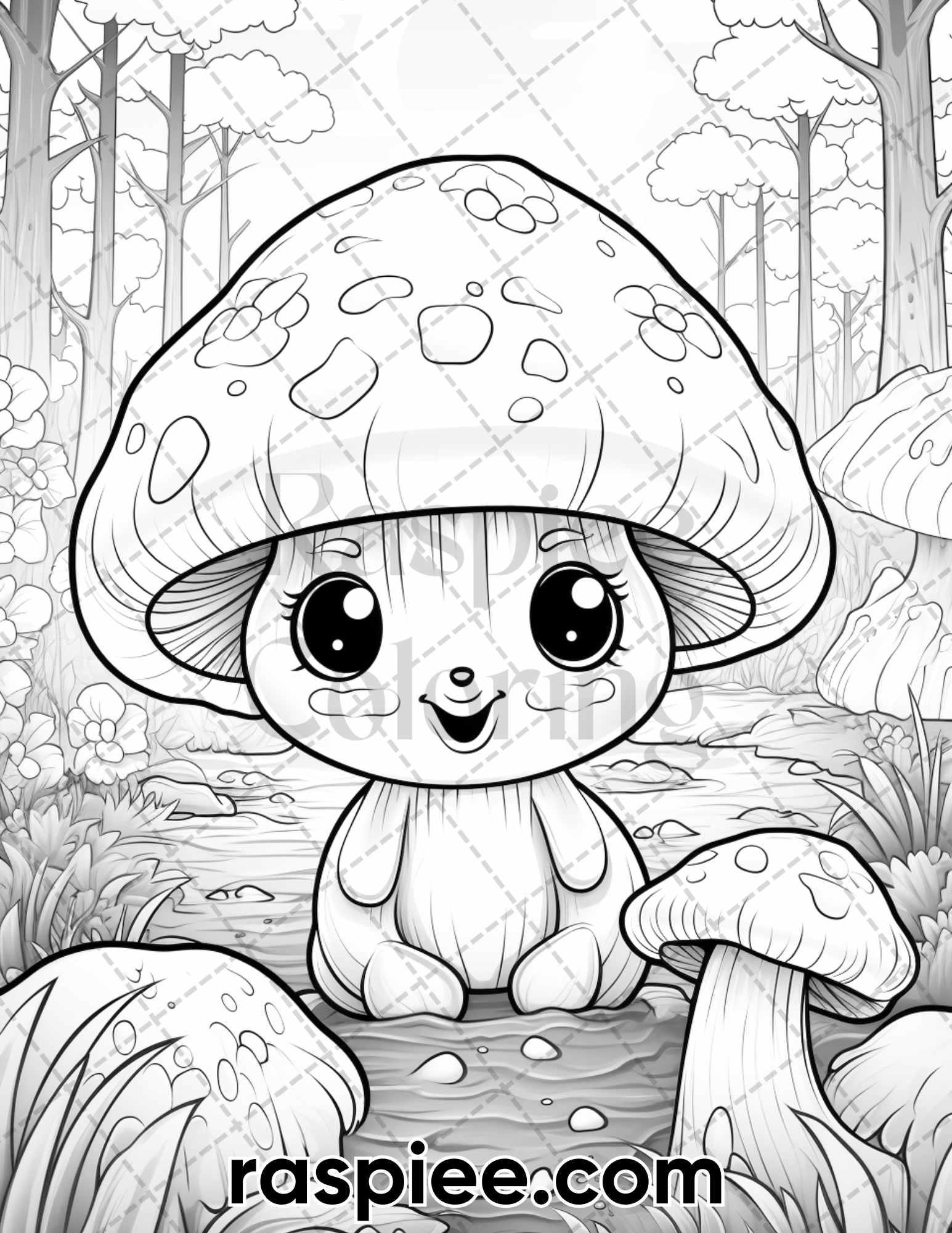 40 Kawaii Mushrooms Grayscale Coloring Pages for Adults, Printable PDF Instant Download