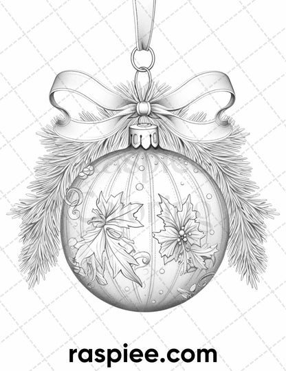 40 Christmas Balls Grayscale Coloring Pages Printable for Adults, PDF File Instant Download