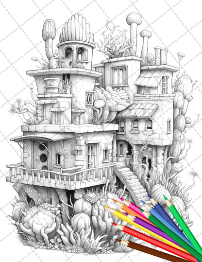 46 Fantasy Cactus Houses Grayscale Coloring Pages Printable for Adults, PDF File Instant Download