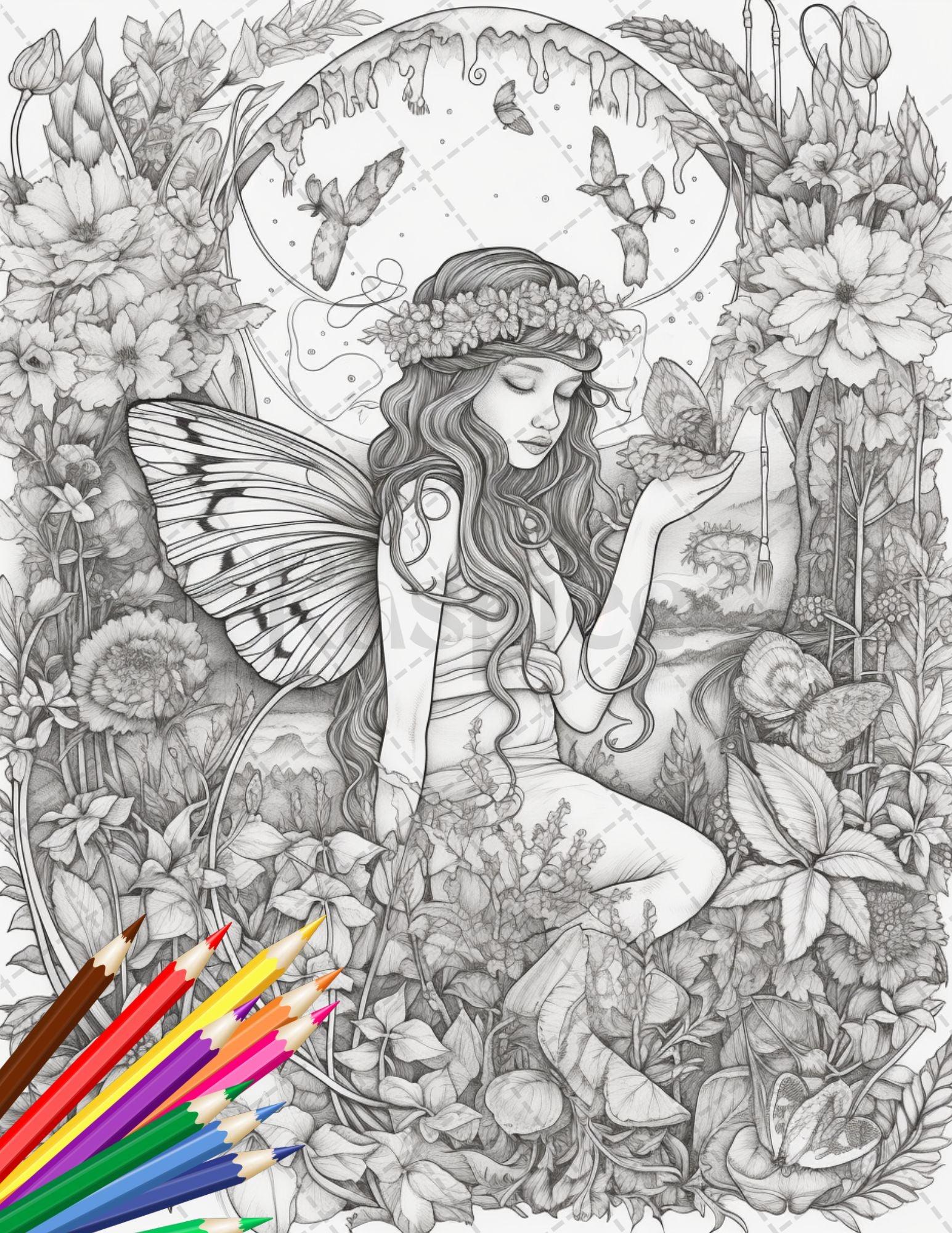 30 Beautiful Fairies Coloring Page Book for Adults, Flower Fairy Grayscale Coloring Book, Fairy Coloring Sheets, Printable PDF File Download