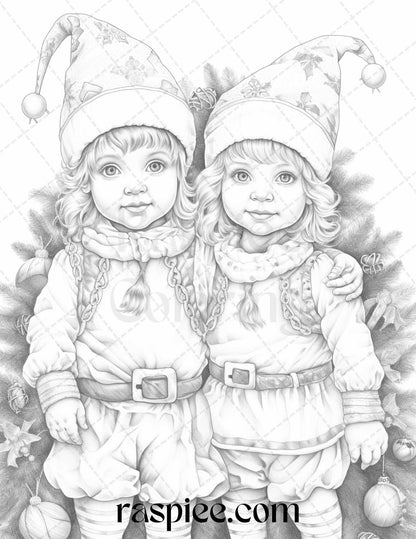 110 Christmas Elves Grayscale Coloring Pages Printable for Adults Kids, PDF File Instant Download