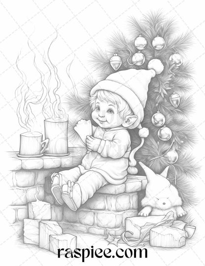 110 Christmas Elves Grayscale Coloring Pages Printable for Adults Kids, PDF File Instant Download