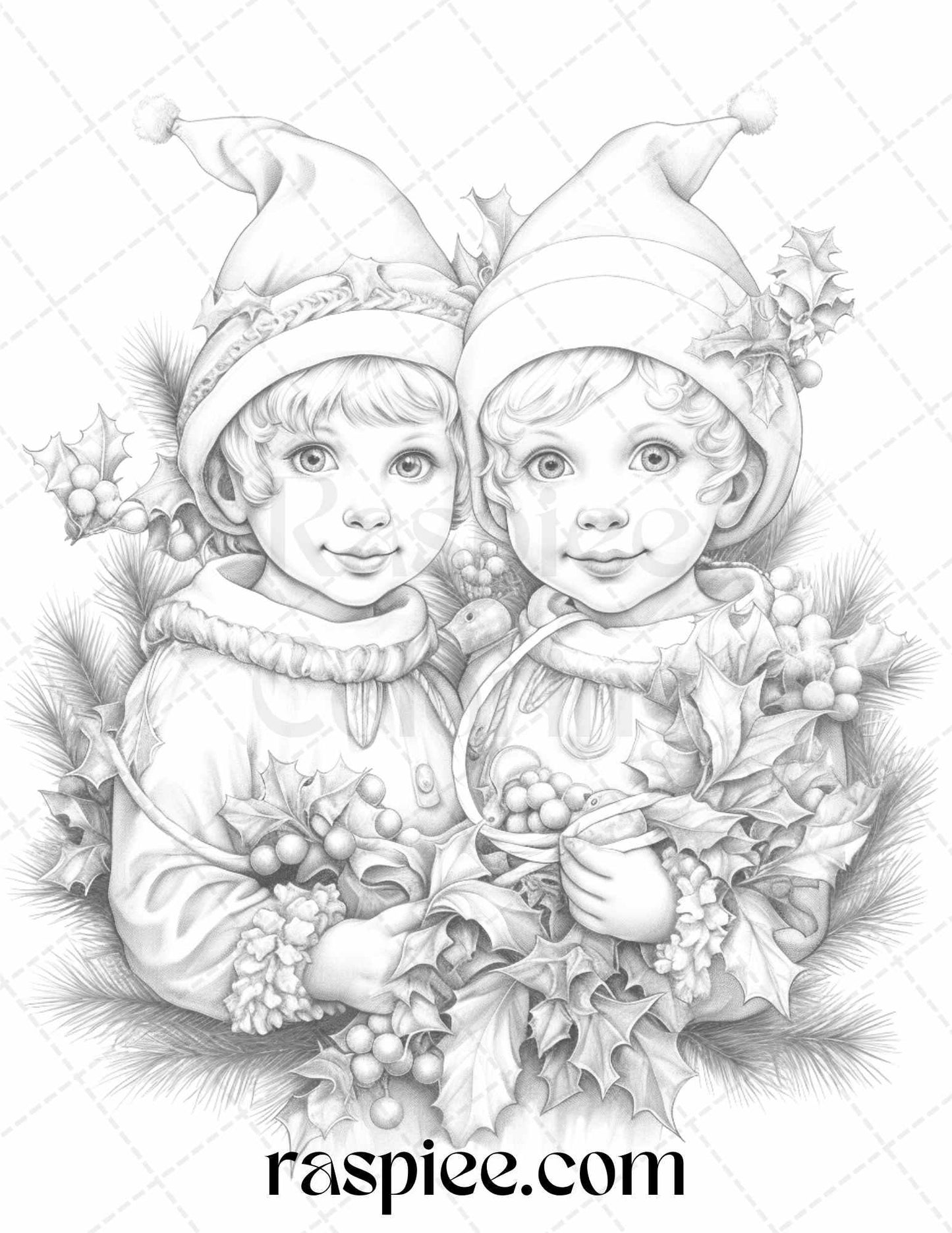 110 Christmas Elves Grayscale Coloring Pages Printable for Adults Kids, PDF File Instant Download