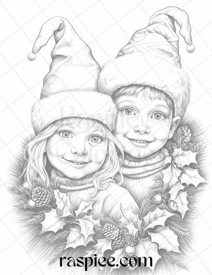 110 Christmas Elves Grayscale Coloring Pages Printable for Adults Kids, PDF File Instant Download