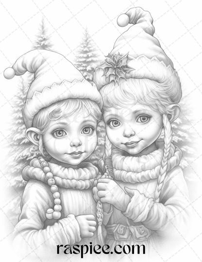 110 Christmas Elves Grayscale Coloring Pages Printable for Adults Kids, PDF File Instant Download