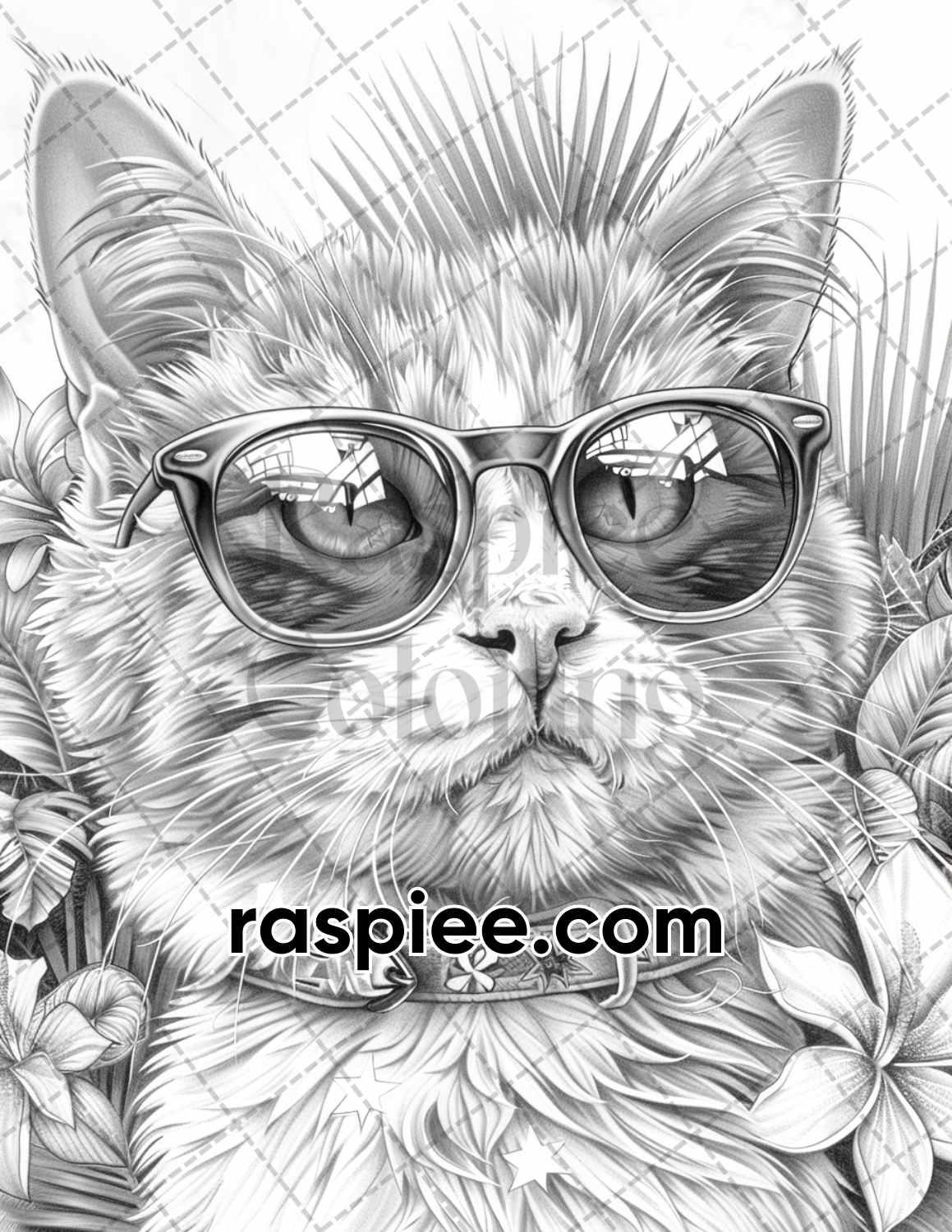 100 Summer Cats Grayscale Adult Coloring Pages, Printable PDF Instant Download