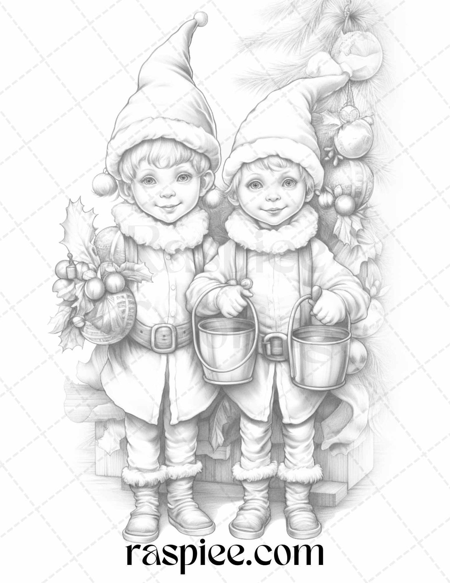 110 Christmas Elves Grayscale Coloring Pages Printable for Adults Kids, PDF File Instant Download