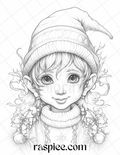 110 Christmas Elves Grayscale Coloring Pages Printable for Adults Kids, PDF File Instant Download