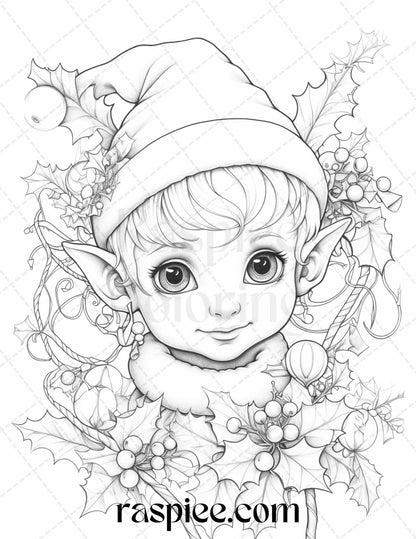 110 Christmas Elves Grayscale Coloring Pages Printable for Adults Kids, PDF File Instant Download