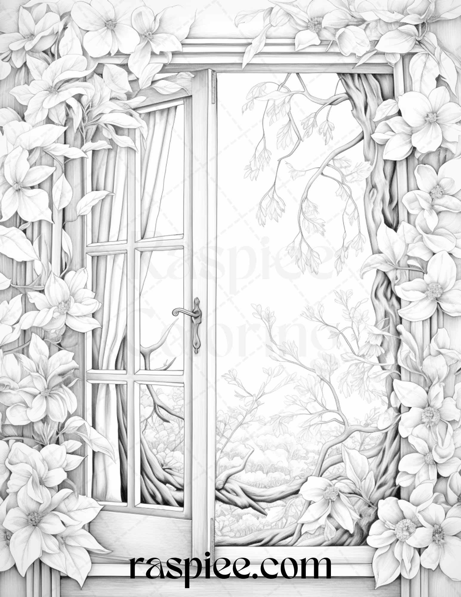 50 Blooming Windows Grayscale Coloring Pages Printable for Adults, PDF File Instant Download