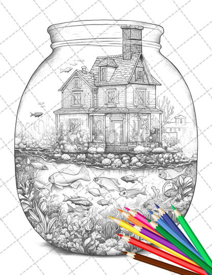 34 Fishtank Houses Coloring Book for Adults, Grayscale Coloring Page, Printable PDF Instant Download