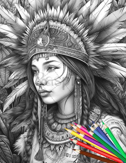 30 Native American Girls Printable Coloring Pages for Adult, Native American Culture Grayscale Coloring Book, Printable PDF File Download