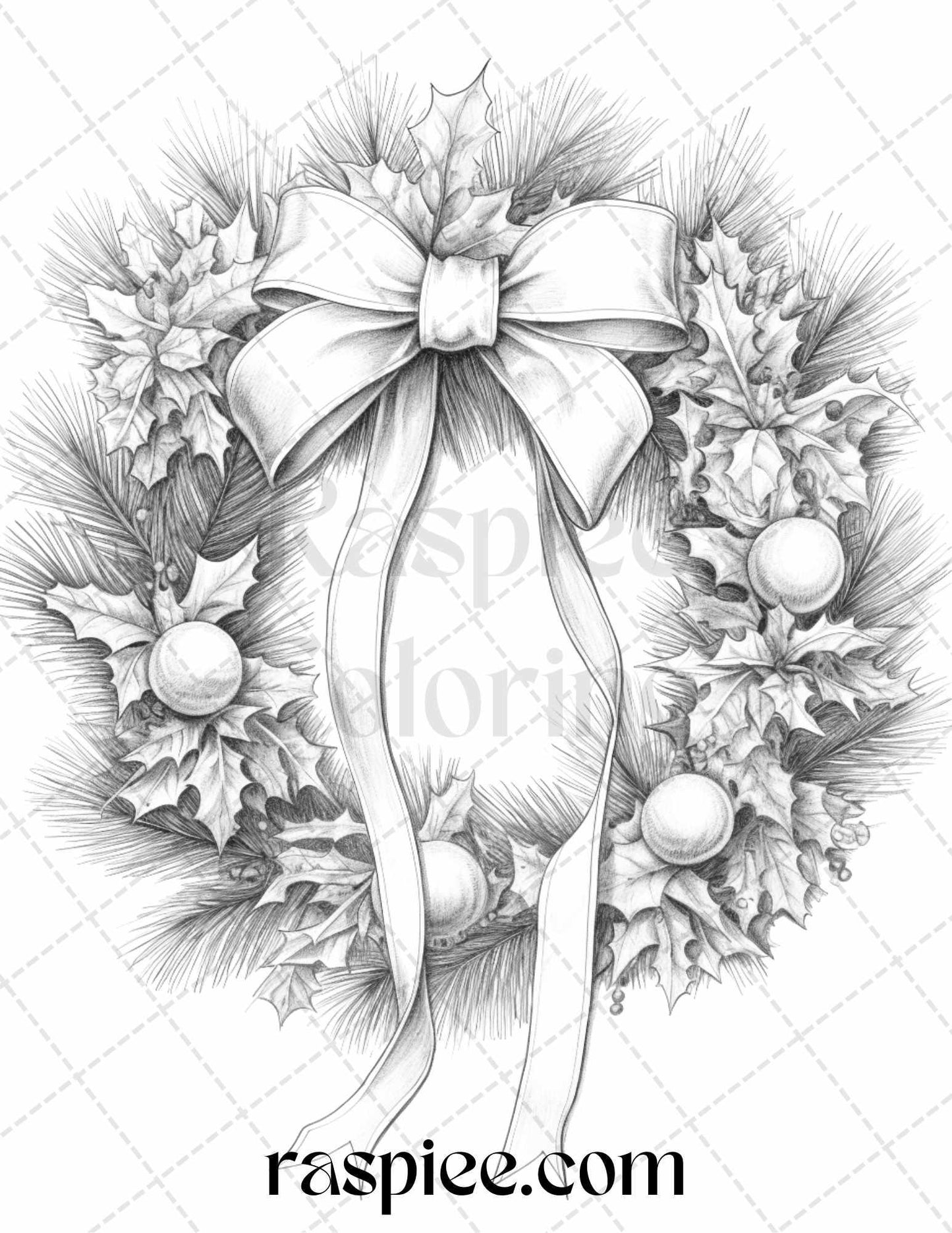 40 Christmas Wreath Grayscale Coloring Pages Printable for Adults, PDF File Instant Download