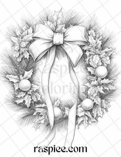 40 Christmas Wreath Grayscale Coloring Pages Printable for Adults, PDF File Instant Download