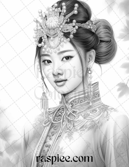 40 Beautiful Chinese Girls Grayscale Coloring Pages for Adults, Printable PDF File Instant Download