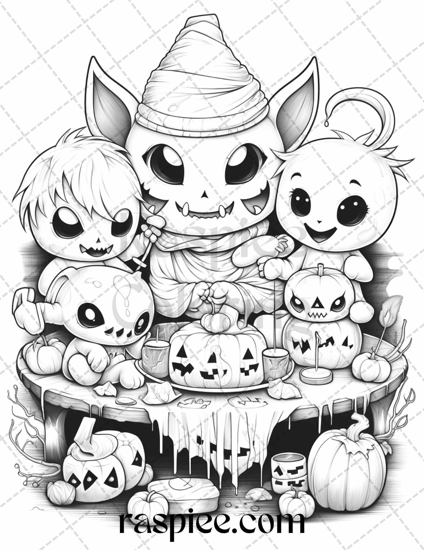 40 Halloween Creepy Kawaii Grayscale Coloring Pages for Adults and Kids, Printable PDF File Instant Download