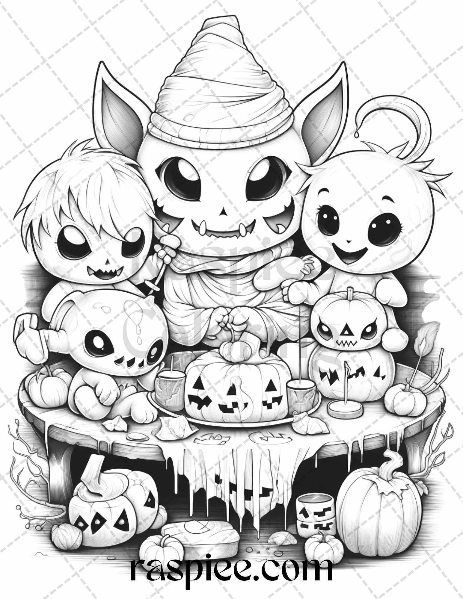 40 Halloween Creepy Kawaii Grayscale Coloring Pages for Adults and Kids, Printable PDF File Instant Download