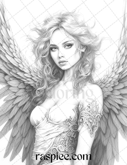 42 Enchanting Angels Grayscale Coloring Pages Printable for Adults, PDF File Instant Download