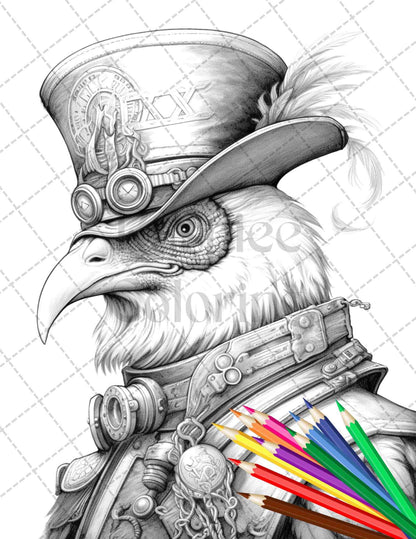 45 Steampunk Animals Grayscale Coloring Pages Printable for Adults Vol. 2, PDF File Instant Download