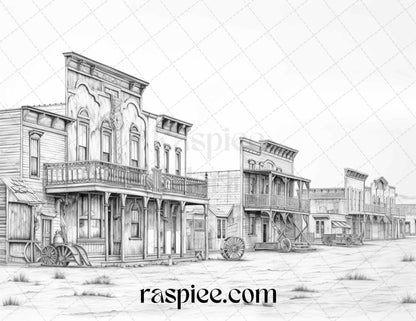 40 Wild West Towns Grayscale Coloring Pages Printable for Adults, PDF File Instant Download