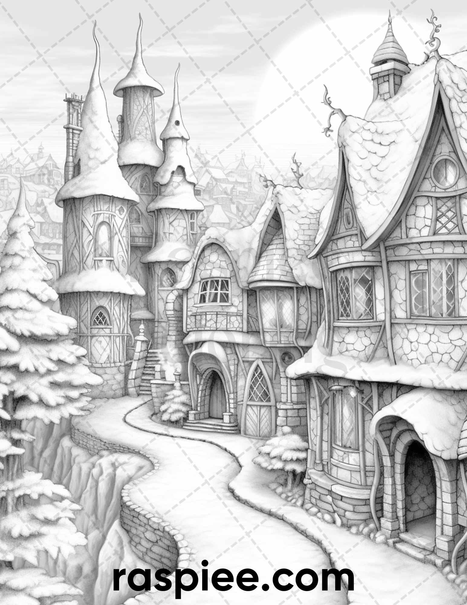 40 Fantasy Winter Village Grayscale Coloring Pages for Adults, PDF File Instant Download