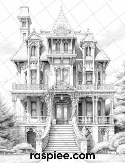 40 Victorian Mansions Grayscale Coloring Pages for Adults, Printable PDF Instant Download