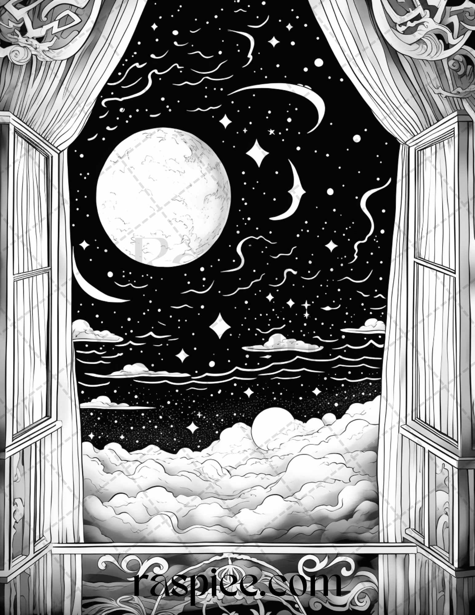 40 Window to Fantasy Worlds Grayscale Coloring Pages Printable for Adults, PDF File Instant Download