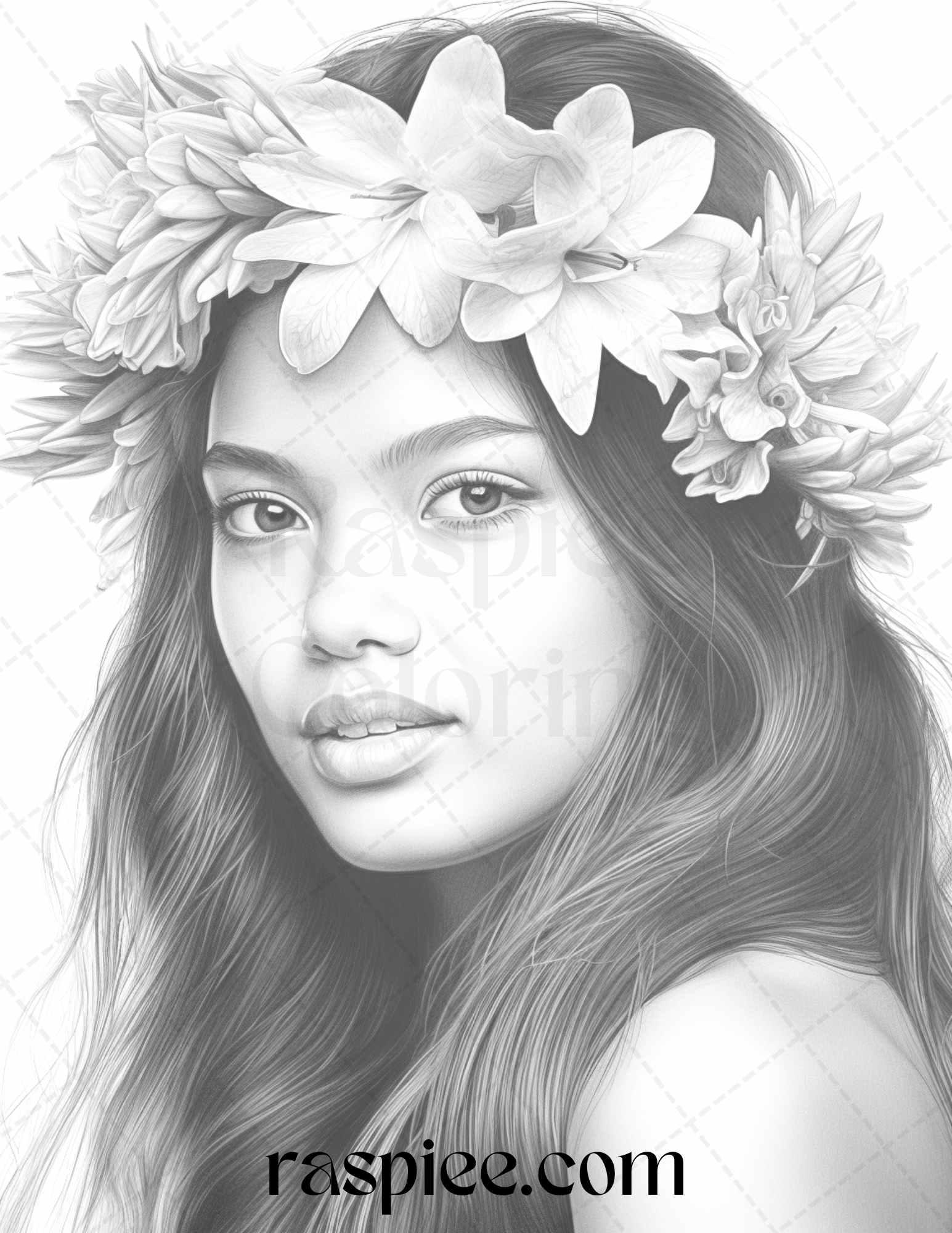 40 Hawaiian Girls Grayscale Coloring Pages Printable for Adults, PDF File Instant Download