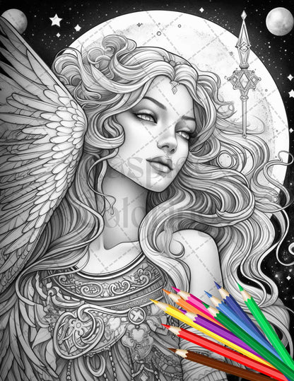 34 Beautiful Moon Fairies Grayscale Coloring Pages Printable for Adults, PDF File Instant Download