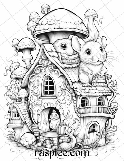 40 Magical Mouse Houses Grayscale Coloring Pages Printable for Adults, PDF File Instant Download