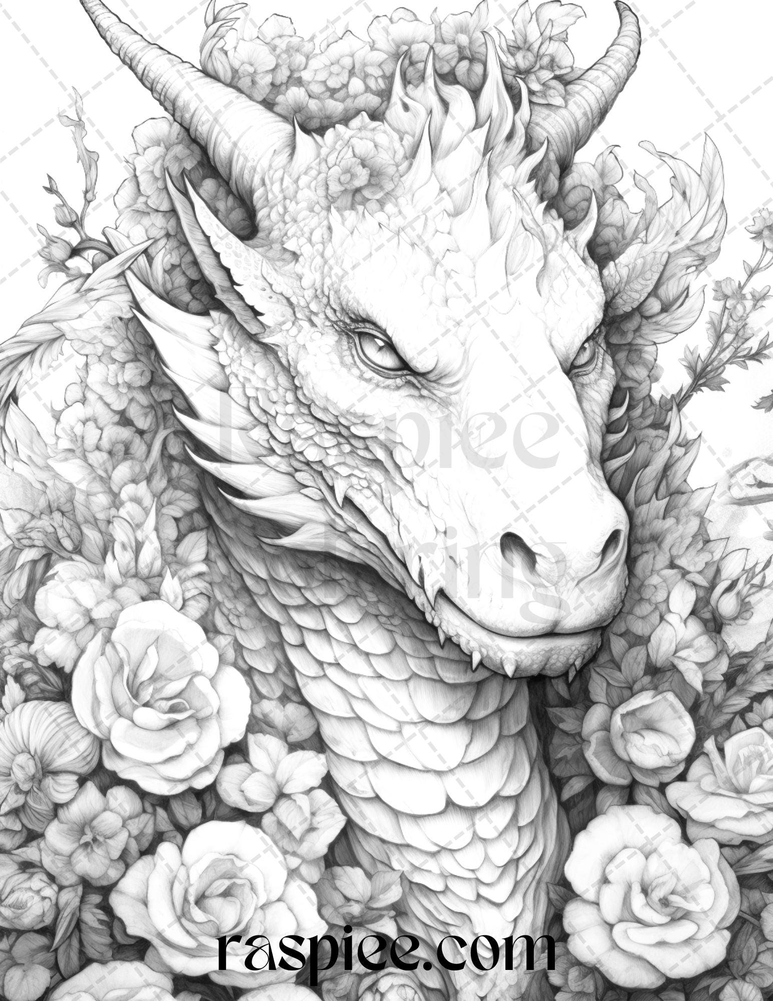 40 Flower Dragon Grayscale Coloring Pages Printable for Adults, PDF File Instant Download