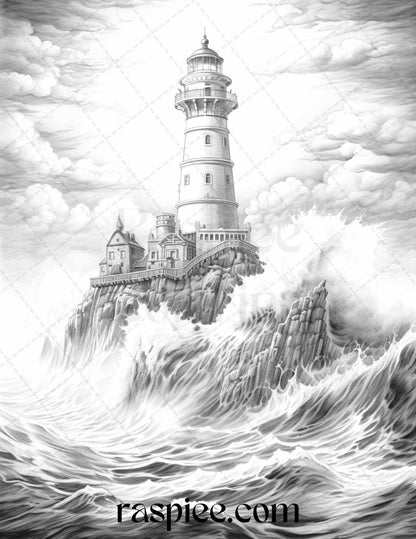 40 Majestic Lighthouses Grayscale Coloring Pages Printable for Adults, PDF File Instant Download