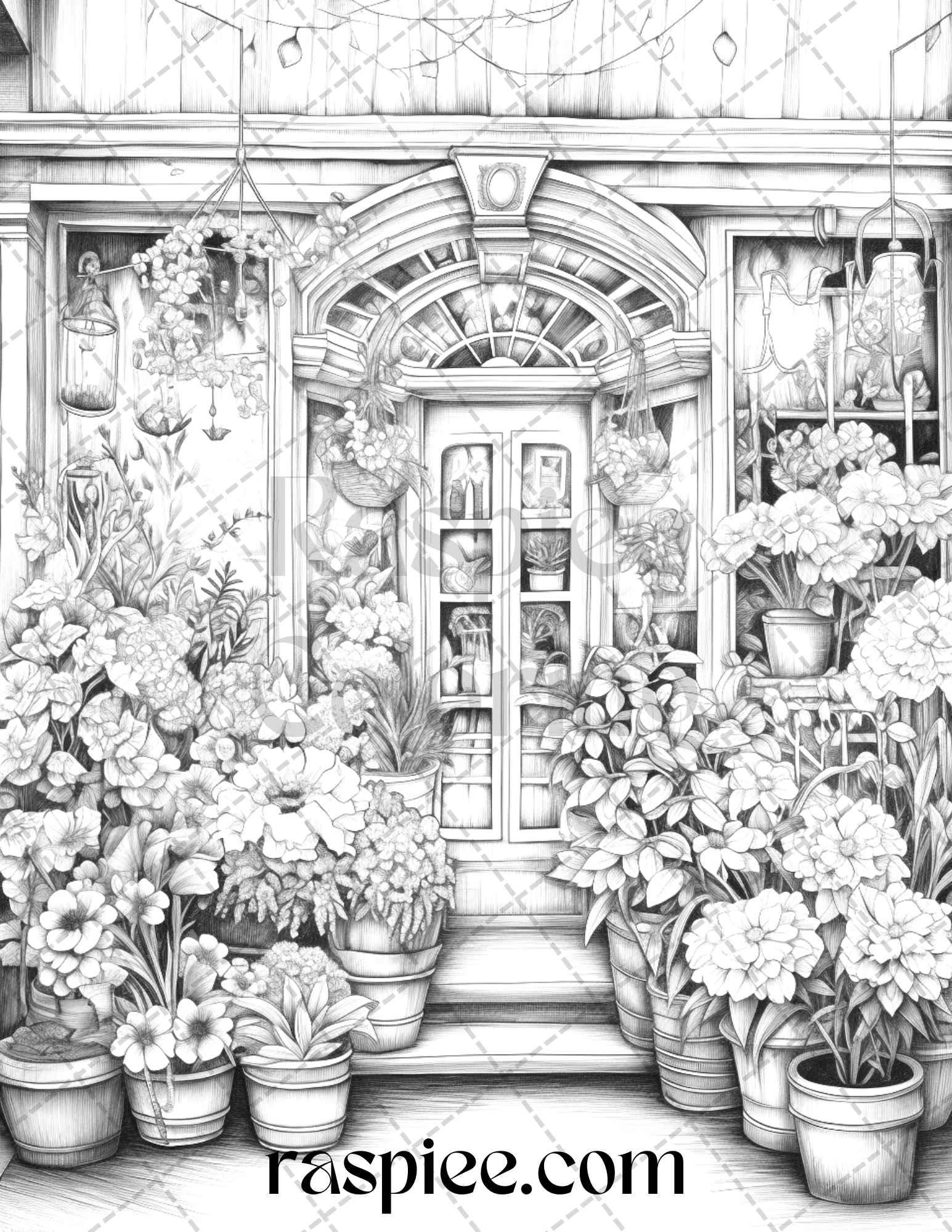 45 Flower Store Front Grayscale Coloring Pages Printable for Adults, PDF File Instant Download