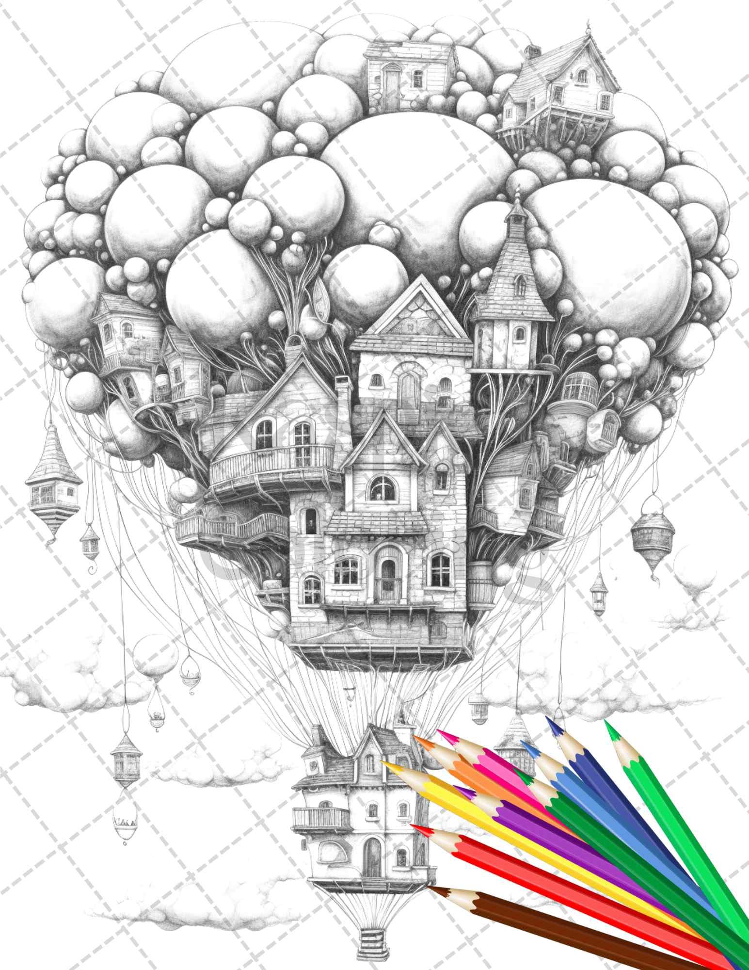 40 Fantasy Sky Houses Grayscale Coloring Pages Printable for Adults, PDF File Instant Download