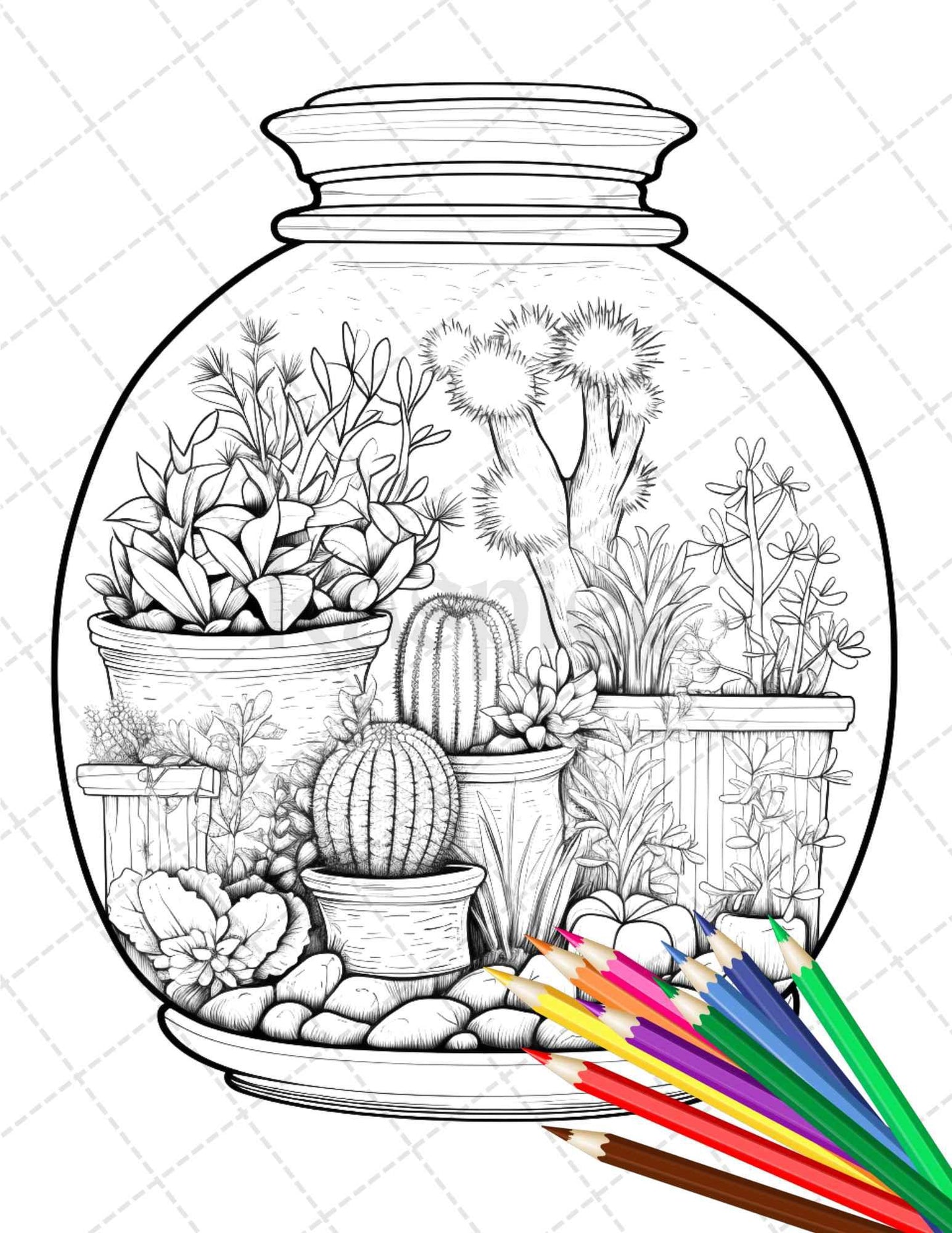 34 Enchanted Terrarium Grayscale Coloring Pages Printable for Adults, PDF File Instant Download