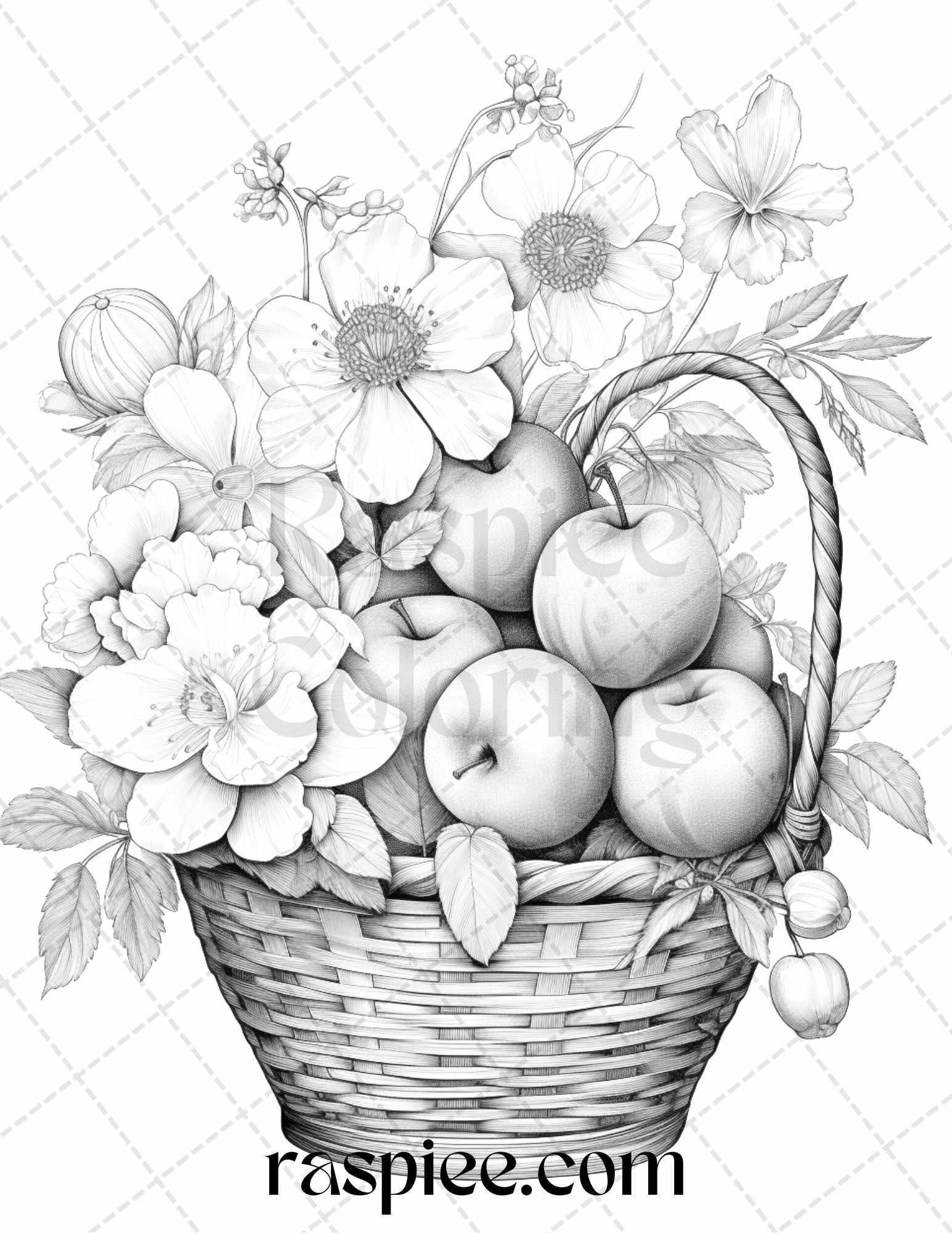 40 Fruit Basket Grayscale Coloring Pages Printable for Adults, PDF File Instant Download