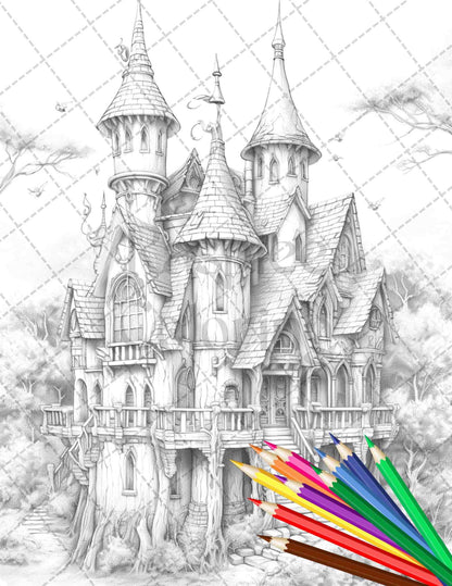 40 Creepy Gothic Houses Grayscale Coloring Pages Printable for Adults, PDF File Instant Download