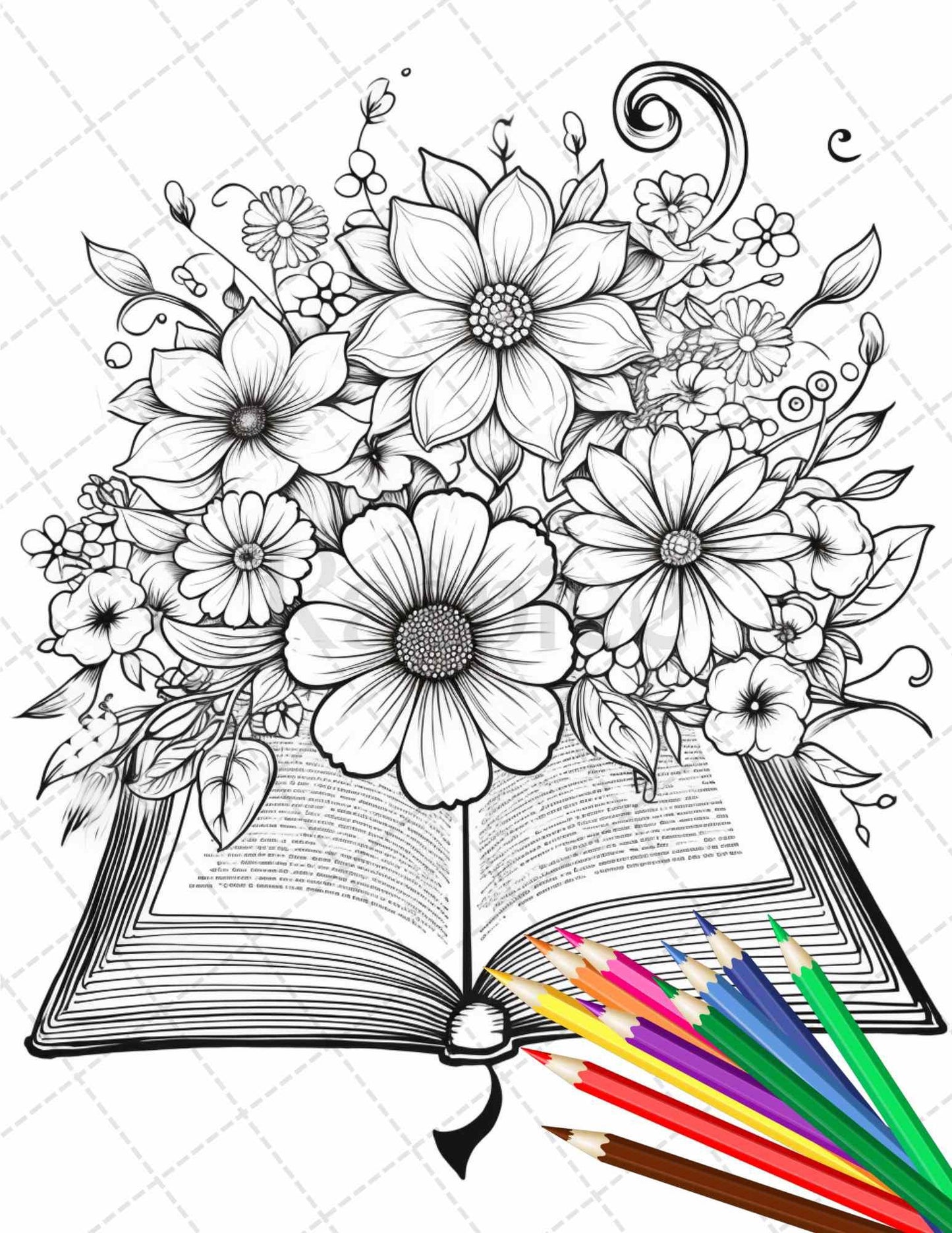 31 Book Flowers Coloring Pages Printable for Adults, Grayscale Coloring Page, PDF File Instant Download