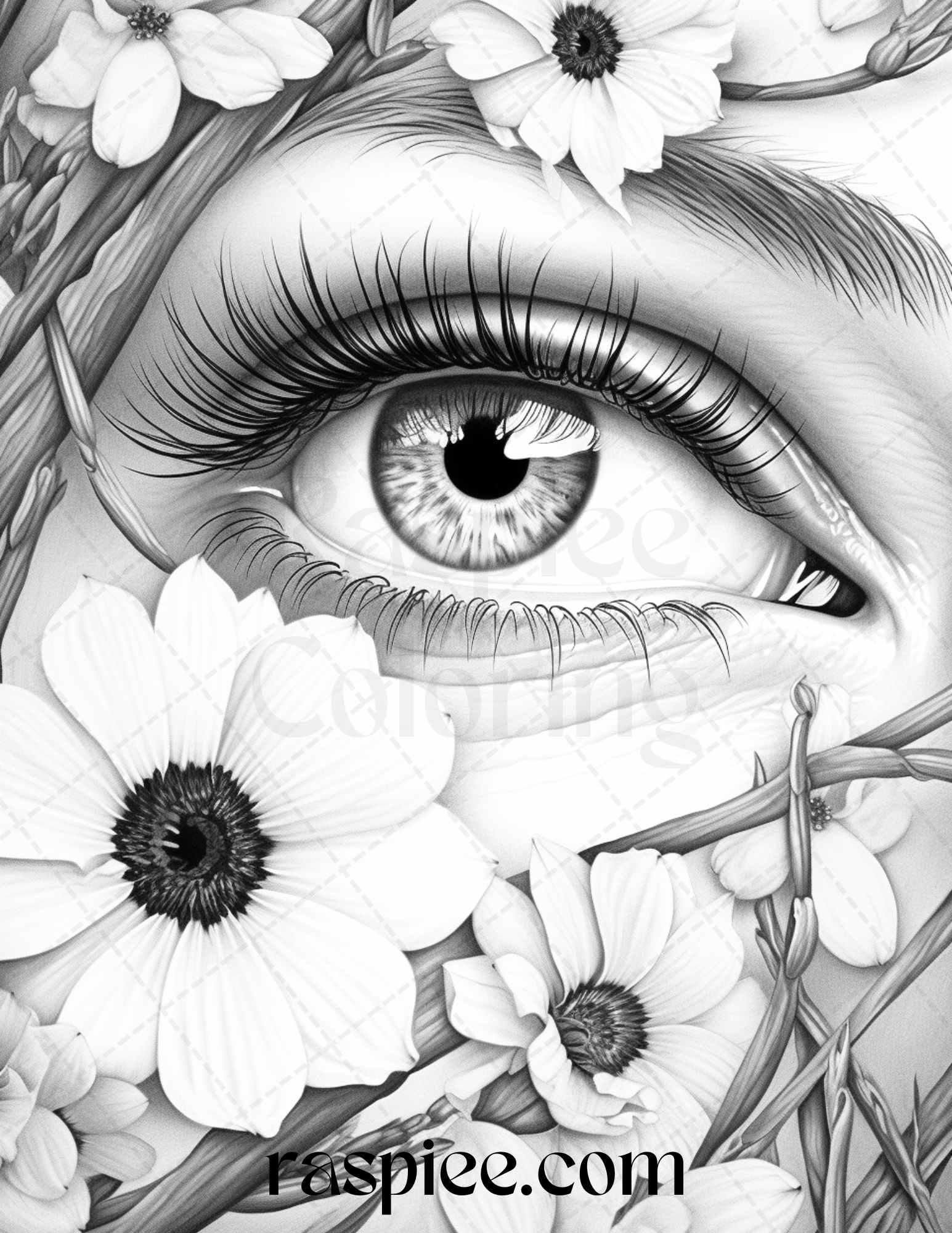 40 Charming Eyes Grayscale Coloring Pages Printable for Adults, PDF File Instant Download