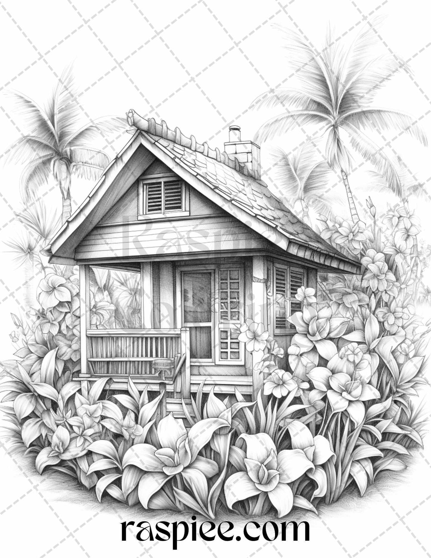 40 Hawaii Tiki Houses Grayscale Coloring Pages Printable for Adults, PDF File Instant Download