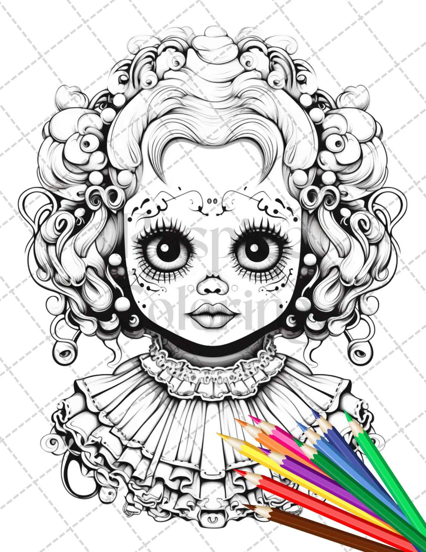 40 Creepy Porcelain Dolls Grayscale Coloring Pages for Adults, PDF File Instant Download