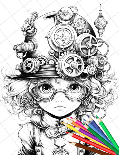 31 Adorable Steampunk Girls Coloring Pages Printable for Adults, Grayscale Coloring Page, PDF File Instant Download