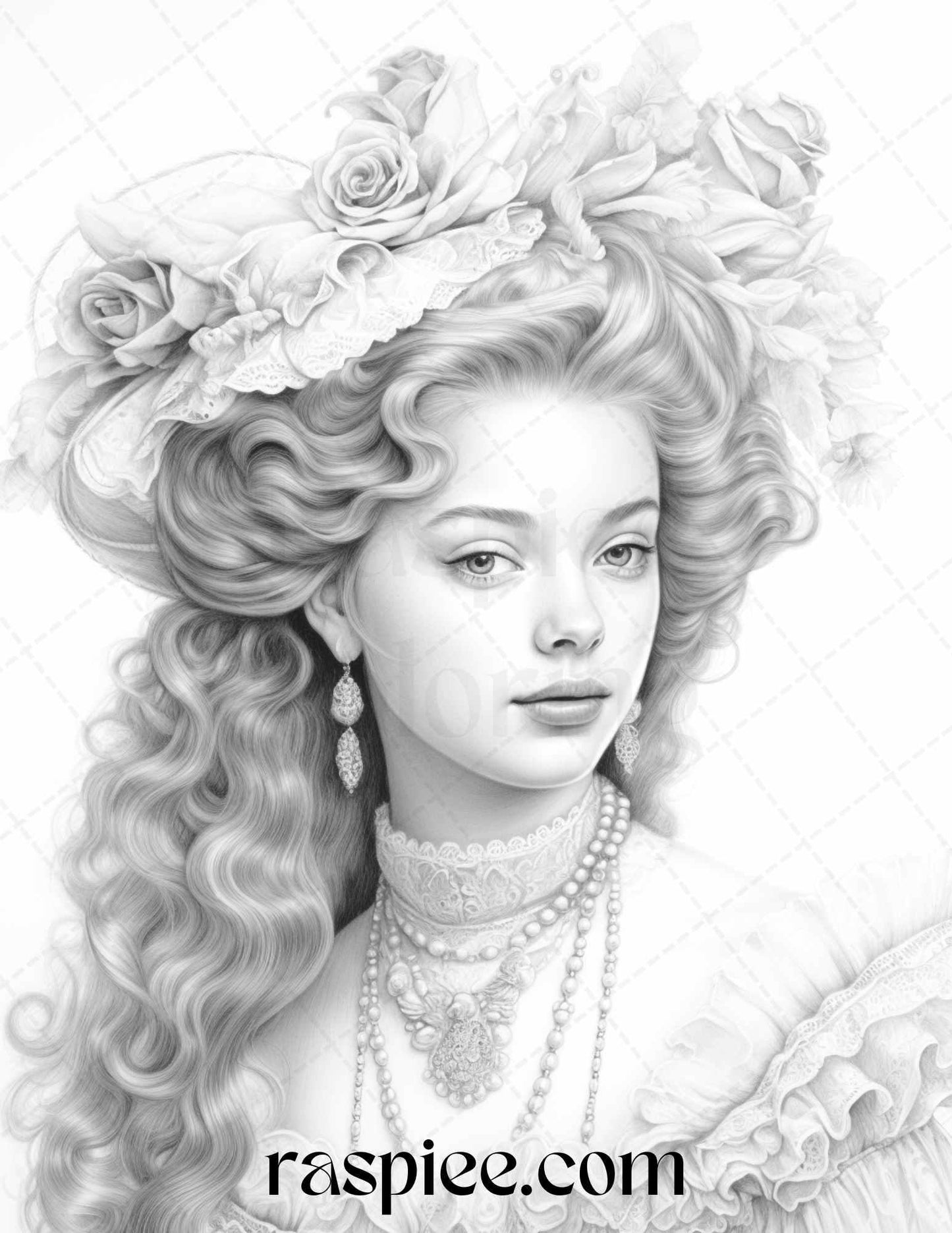 40 Baroque Women Portrait Grayscale Adult Coloring Pages Printable, PDF File Instant Download