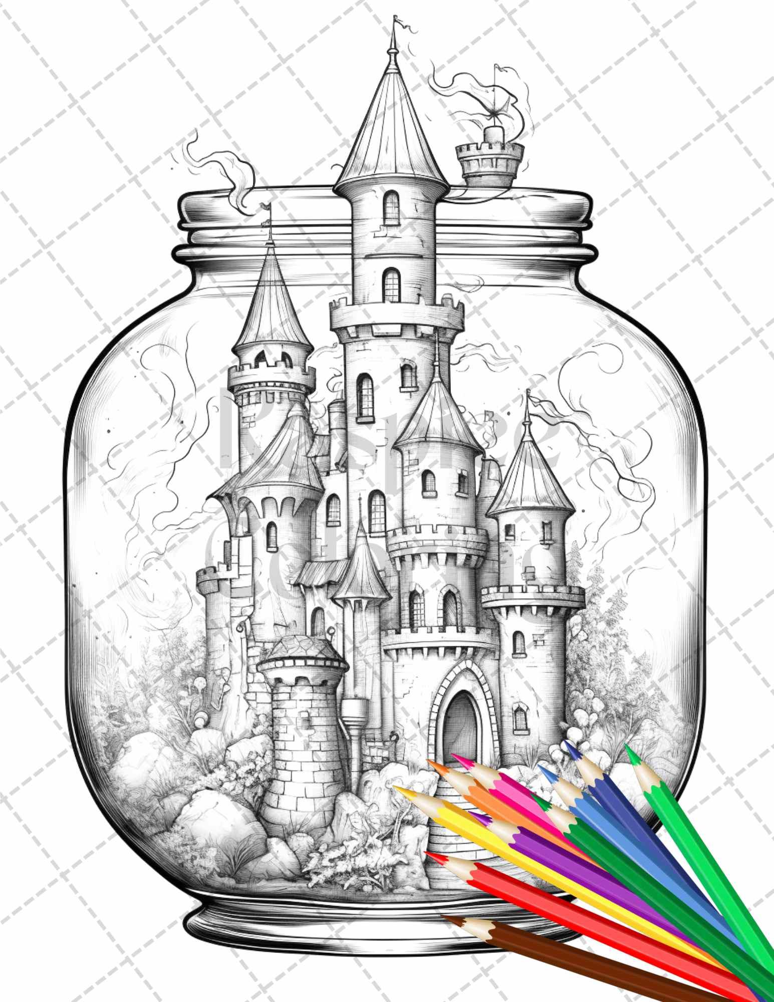 42 Fantasy Castle In Jar Grayscale Coloring Pages Printable for Adults, PDF File Instant Download