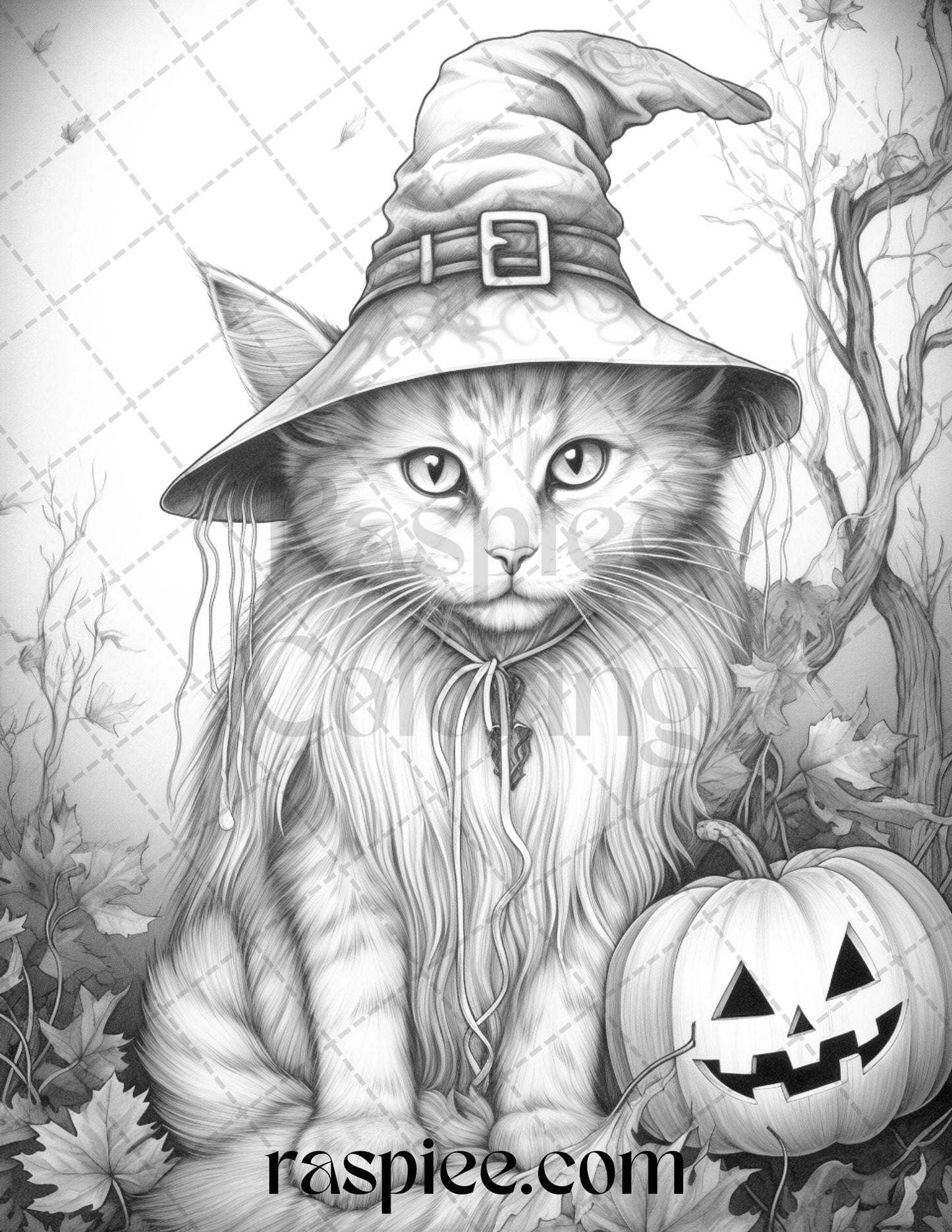 40 Halloween Witch Cat Grayscale Coloring Pages Printable for Adults, PDF File Instant Download