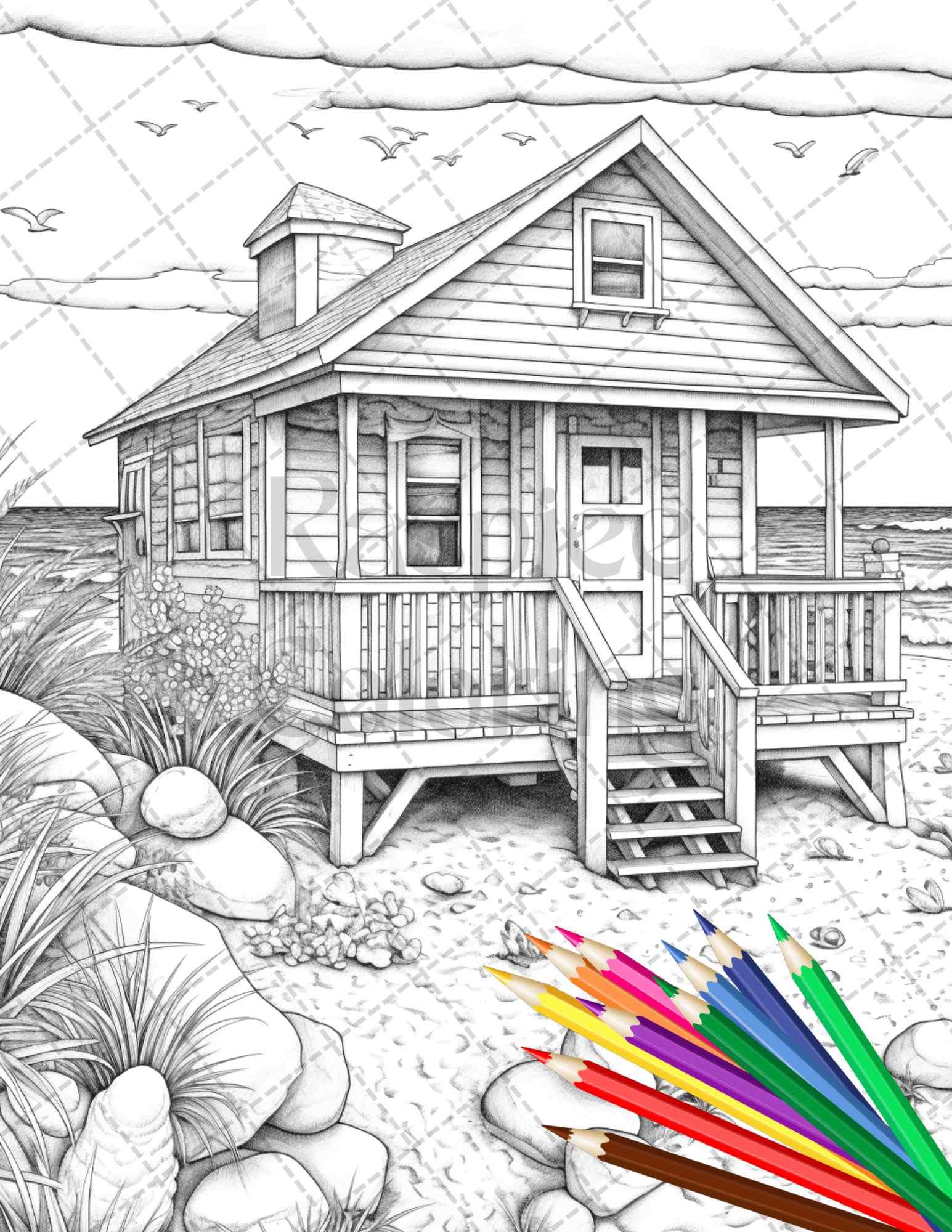 42 Wooden Beach Houses Grayscale Coloring Pages Printable for Adults, PDF File Instant Download